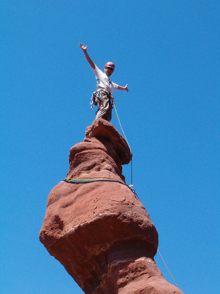 The tiny summit of Ancient Art, Moab, Utah